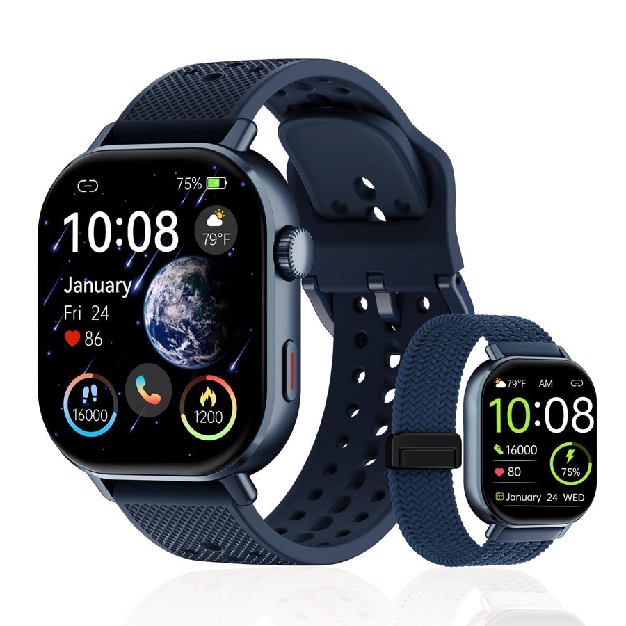 GPS Running Smart Watch with Step & Calorie Counter and Oxygen Sensor (Bonus Bands Included)  Extra Large Display Tracking for Women Men, Android iOS, 50m WaterproofBlue